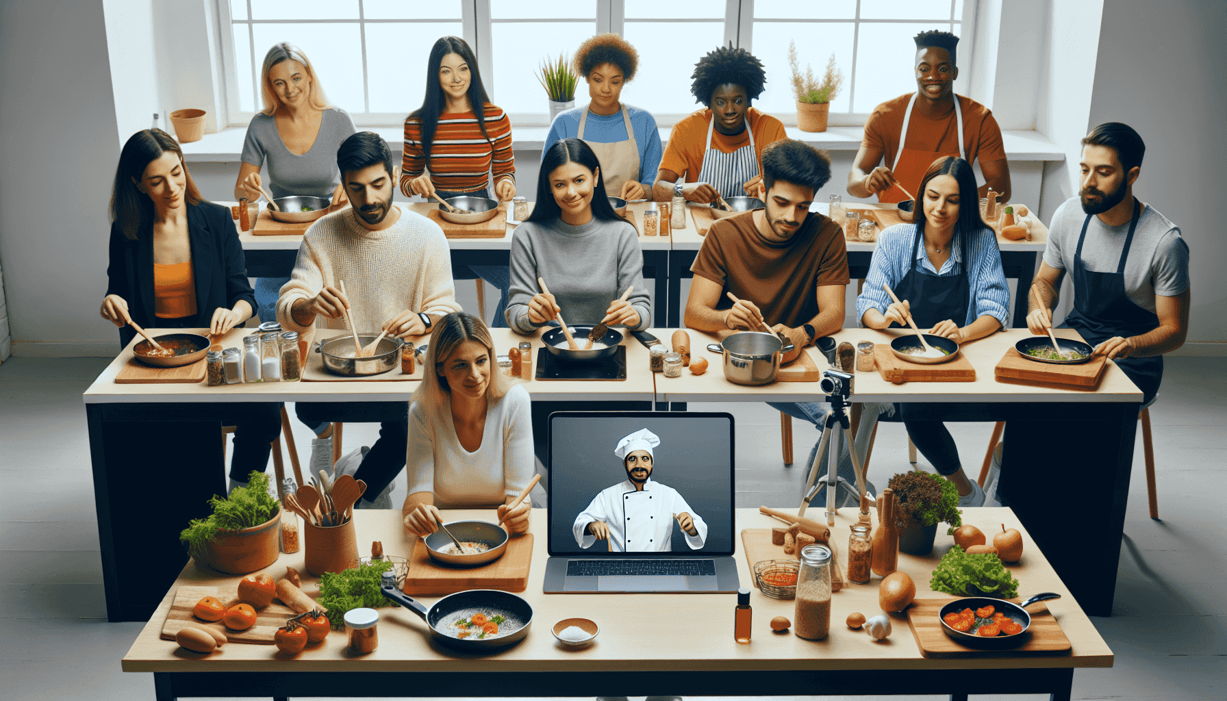 Estudiantes en clase de cocina online